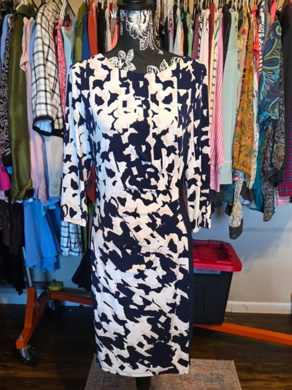Lauren Ralph Lauren Navy and White Abstract Midi Dress